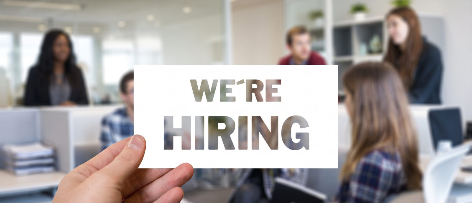 A hand holding a sign that reads, "We're Hiring". The background is a blurred office setting.